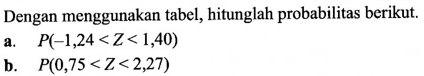 Dengan menggunakan tabel, hitunglah probabilitas berikut. a. P(-1,24<Z<1,40) b. P(0,75<Z<2,27) 