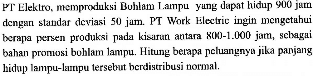 PT Elektro, memproduksi Bohlam Lampu yang dapat hidup 900 jam dengan standar deviasi 50 jam. PT Work Electric ingin mengetahui berapa persen produksi pada kisaran antara 800-1.000 jam, sebagai bahan promosi bohlam lampu. Hitung berapa peluangnya jika panjang hidup lampu-lampu tersebut berdistribusi normal.