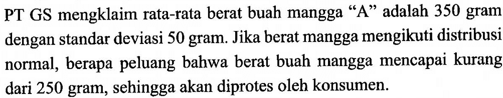 PT GS mengklaim rata-rata berat buah mangga 'A' adalah 350 gram dengan standar deviasi 50 gram. Jika berat mangga mengikuti distribusi normal, berapa peluang bahwa berat buah mangga mencapai kurang dari 250 gram, sehingga akan diprotes oleh konsumen.