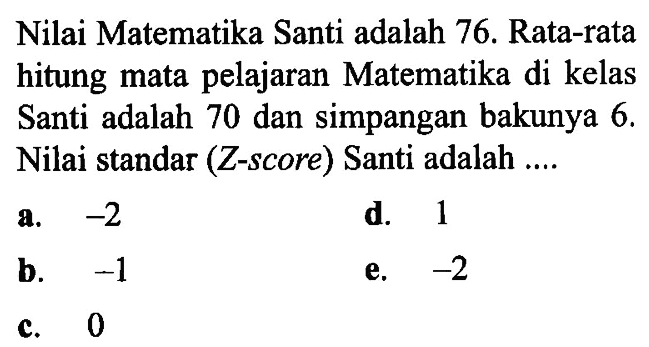 Nilai Matematika Santi adalah 76. Rata-rata hitung mata pelajaran Matematika di kelas Santi adalah 70 dan simpangan bakunya  6 .  Nilai standar (Z-score) Santi adalah ....
