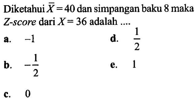 Diketahui  X=40  dan simpangan baku 8 maka Z-score dari  X=36  adalah ....