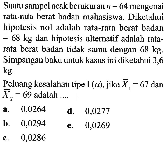 Suatu sampel acak berukuran  n=64  mengenai rata-rata berat badan mahasiswa. Diketahui hipotesis nol adalah rata-rata berat badan  =68 kg  dan hipotesis alternatif adalah ratarata berat badan tidak sama dengan  68 kg . Simpangan baku untuk kasus ini diketahui 3,6  kg .Peluang kesalahan tipe I  (a) , jika  X/1=67  dan  X/2=69  adalah ....a. 0,0264d. 0,0277b. 0,0294 e. 0,0269c. 0,0286