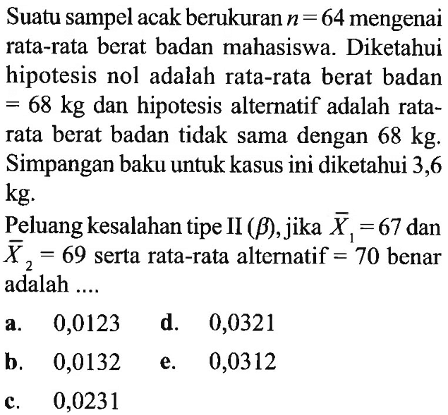 Suatu sampel acak berukuran  n=64  mengenai rata-rata berat badan mahasiswa. Diketahui hipotesis nol adalah rata-rata berat badan  =68 kg  dan hipotesis alternatif adalah ratarata berat badan tidak sama dengan  68 kg . Simpangan baku untuk kasus ini diketahui 3,6  kg .Peluang kesalahan tipe II  (b) , jika  X1=67  dan  X2=69  serta rata-rata alternatif  =70  benar adalah ....