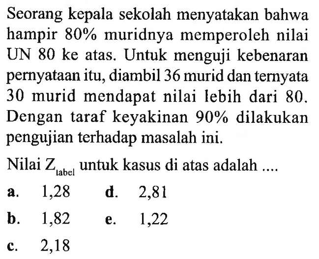 Seorang kepala sekolah menyatakan bahwa hampir 80% muridnya memperoleh nilai UN 80 ke atas. Untuk menguji kebenaran pernyataan itu, diambil 36 murid dan ternyata 30 murid mendapat nilai lebih dari 80. Dengan taraf keyakinan 90% dilakukan pengujian terhadap masalah ini. Nilai Z tabel untuk kasus di atas adalah ....