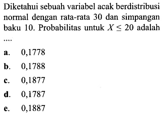 Diketahui sebuah variabel acak berdistribusi normal dengan rata-rata 30 dan simpangan baku 10. Probabilitas untuk X<=20 adalah ....