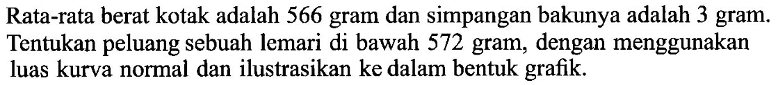 Rata-rata berat kotak adalah 566 gram dan simpangan bakunya adalah 3 gram. Tentukan peluang sebuah lemari di bawah 572 gram, dengan menggunakan luas kurva normal dan ilustrasikan ke dalam bentuk grafik. 