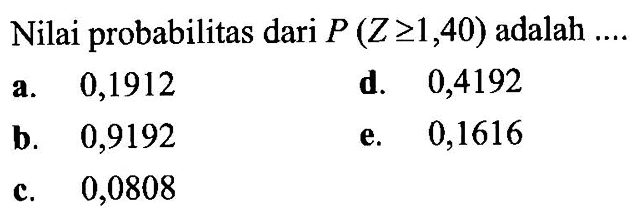 Nilai probabilitas dari P(Z>=1,40) adalah ....