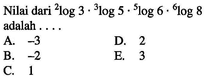 Nilai dari 2log3.3log5.5log6.6log8 adalah . . . .