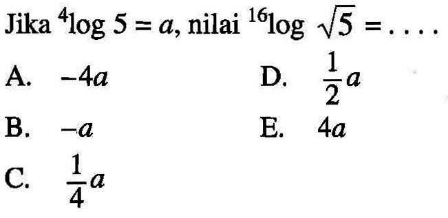 Jika 4log5=a, nilai 16log(akar(5))= ...