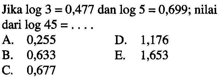 Jika log 3=0,477 dan log 5=0,699; nilai dari log 45 = ....