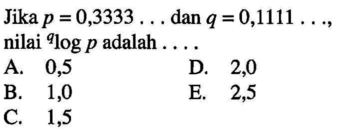 Jika p=0,3333... dan q=0,1111..., nilai qlogp adalah ....