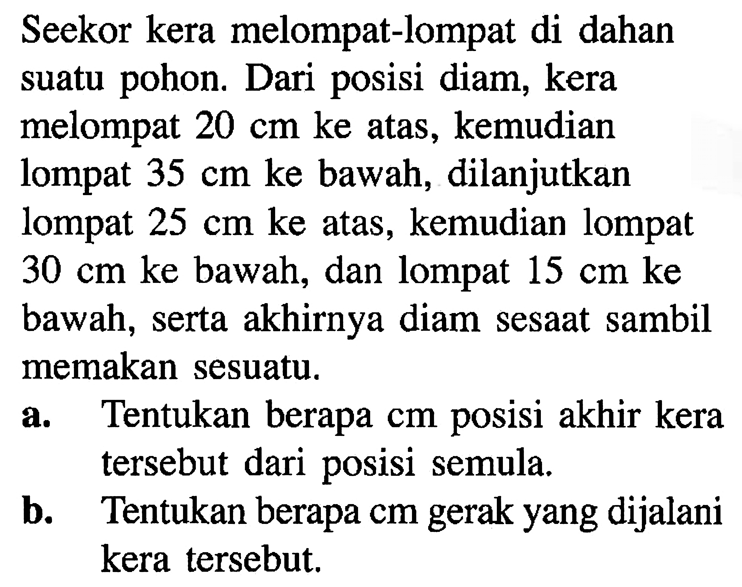 Seekor kera melompat-lompat di dahan suatu pohon. Dari posisi diam, kera melompat 20 cm ke atas , kemudian ke bawah, dilanjutkan lompat 35 cm lompat 25 cm ke atas, kemudian lompat 30 cm ke bawah, dan lompat 15 cmke bawah, serta akhirnya diam sesaat sambil memakan sesuatu. a. Tentukan berapa cm posisi akhir kera tersebut dari posisi semula. b. Tentukan berapa cm gerak yang dijalani kera tersebut.