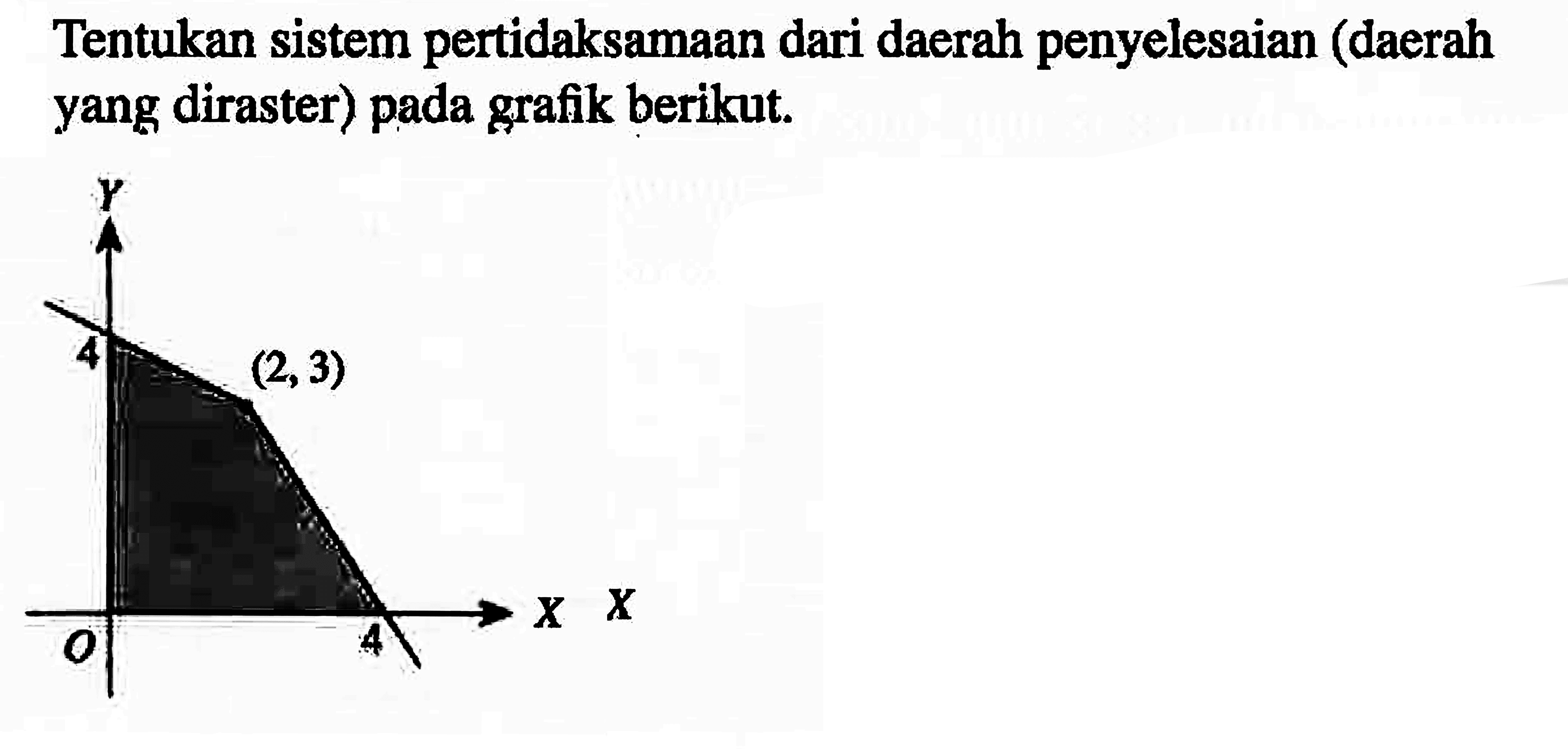 Tentukan sistem pertidaksamaan dari daerah penyelesaian (daerah yang diraster) pada grafik berikut. Y 4 (2,3) X X O 4