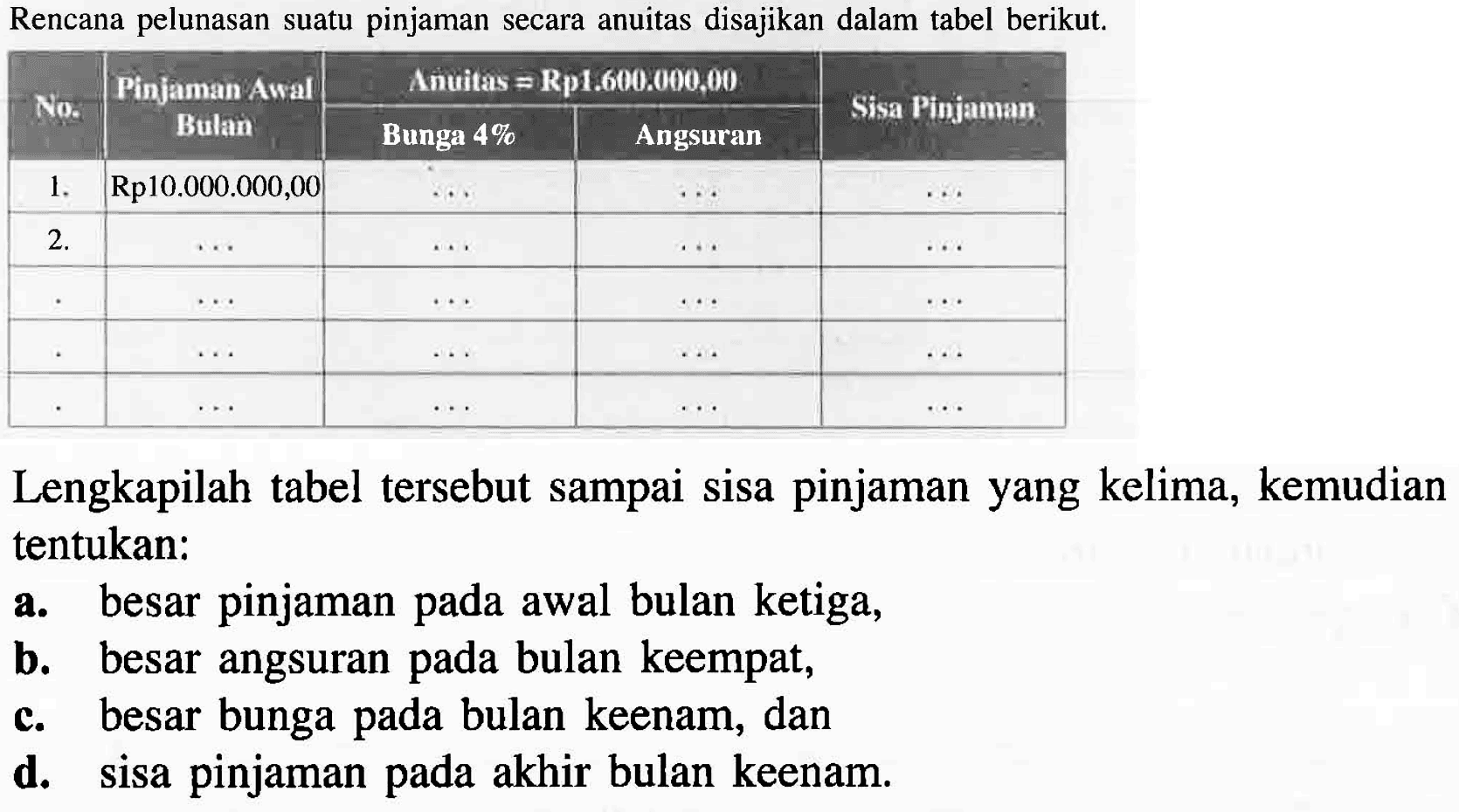 Rencana pelunasan suatu pinjaman secara anuitas disajikan dalam tabel berikut.No.   Pinjaman Awal Bulan   Anuitas  =  Rpi.600.000,00  Bunga 4%  Angsuran  Sisa Pinjamain  1.  Rp10.000.000,00   ...    ...    ...  2 .    ...    ...    ...    ...   .    ...    ...    ...    ...   .    ...    ...    ...    ...   .    ...    ...    ...    ...  Lengkapilah tabel tersebut sampai sisa pinjaman yang kelima, kemudian tentukan:a. besar pinjaman pada awal bulan ketiga,b. besar angsuran pada bulan keempat,c. besar bunga pada bulan keenam, dand. sisa pinjaman pada akhir bulan keenam.
