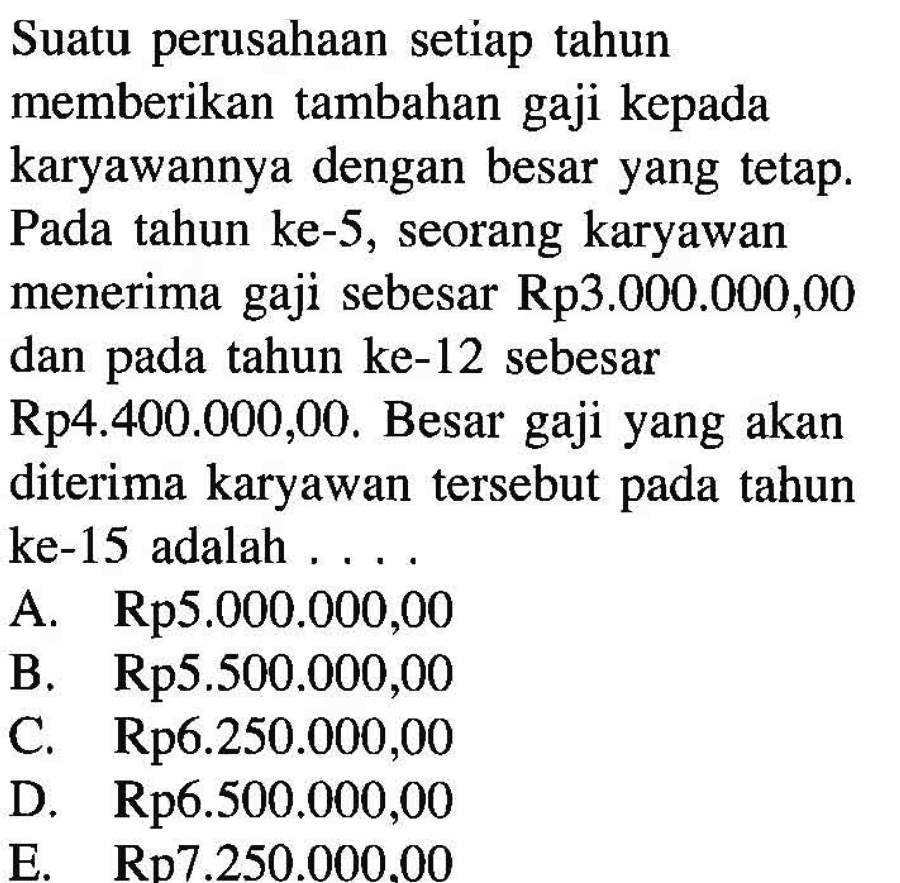 Suatu perusahaan setiap tahun memberikan tambahan gaji kepada karyawannya dengan besar yang tetap. Pada tahun ke-5, seorang karyawan menerima gaji sebesar Rp3.000.000,00 dan pada tahun ke-12 sebesar Rp4.400.000,00. Besar gaji yang akan diterima karyawan tersebut pada tahun ke-15 adalah ...