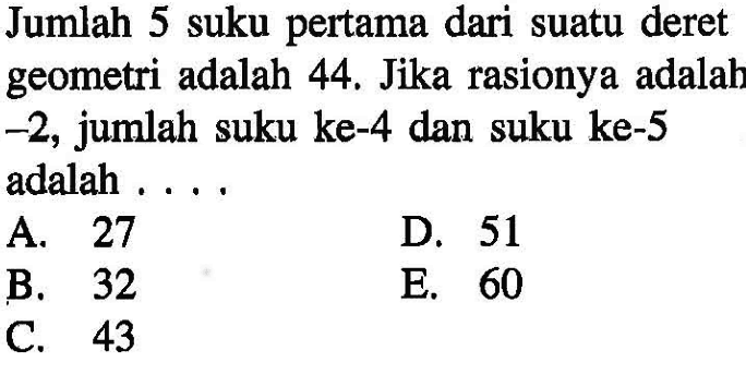 Jumlah 5 suku pertama dari suatu deret geometri adalah 44. Jika rasionya adalah -2, jumlah suku ke-4 dan suku ke-5 adalah ...