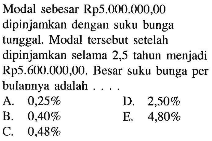 Modal sebesar Rp5.000.000,00 dipinjamkan dengan suku bunga tunggal. Modal tersebut setelah dipinjamkan selama 2,5 tahun menjadi Rp5.600.000,00. Besar suku bunga per bulannya adalah...
