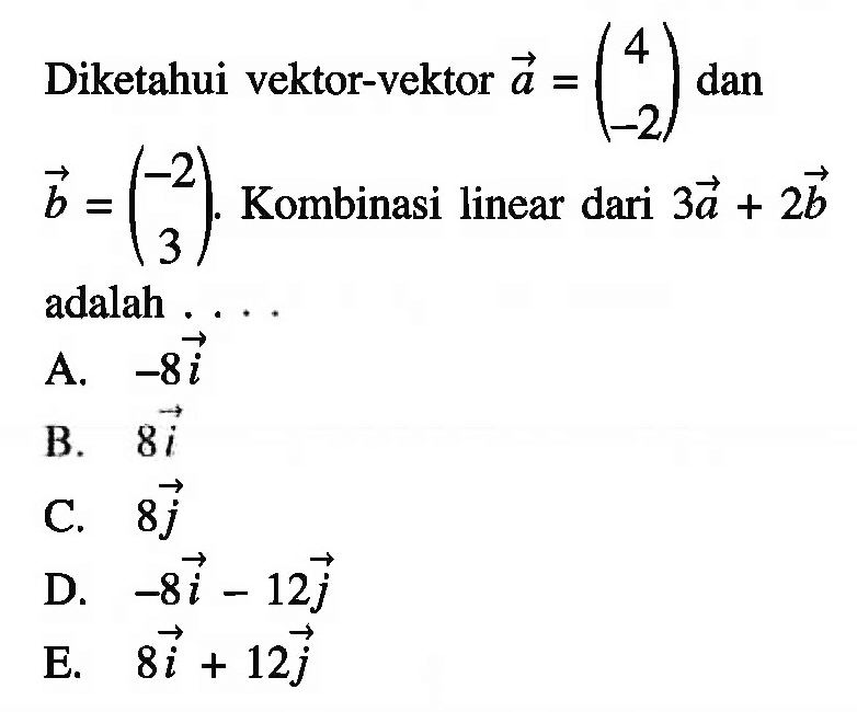 Diketahui vektor-vektor a=(4 -2) dan b=(-2 3). Kombinasi linear dari 3a+2b adalah 