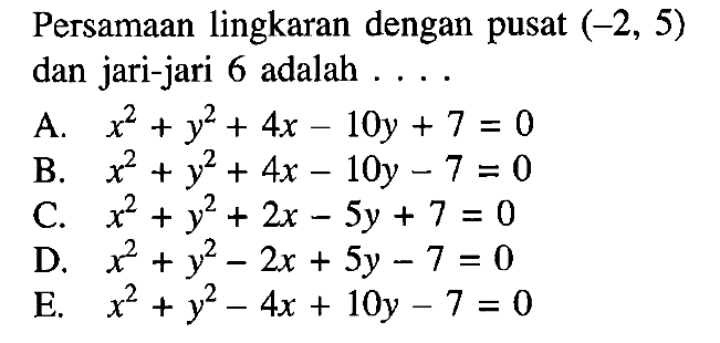 Persamaan lingkaran dengan pusat (-2,5) dan jari-jari 6 adalah ....