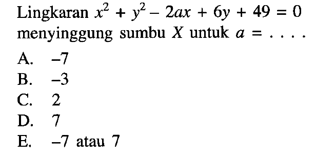 Lingkaran x^2+y^2-2ax+6y+49=0 menyinggung sumbu X untuk a=....