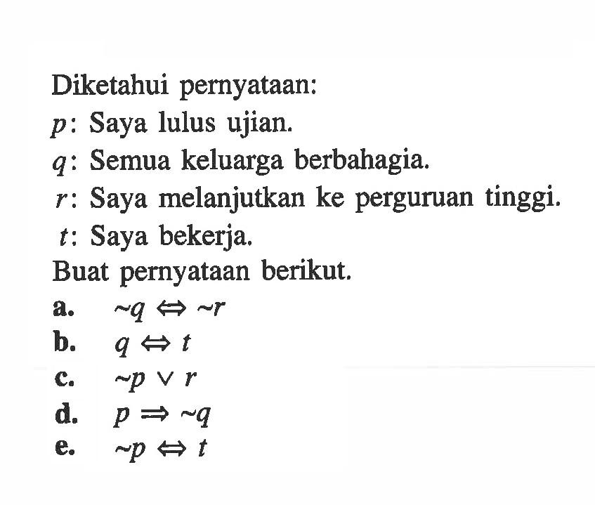 Diketahui pernyataan:p : Saya lulus ujian.q : Semua keluarga berbahagia.r : Saya melanjutkan ke perguruan tinggi.t : Saya bekerja.Buat pernyataan berikut.a.  ~q <=> ~rb. q <=> tc. ~p v rd.  p => ~qe.  ~p <=> t