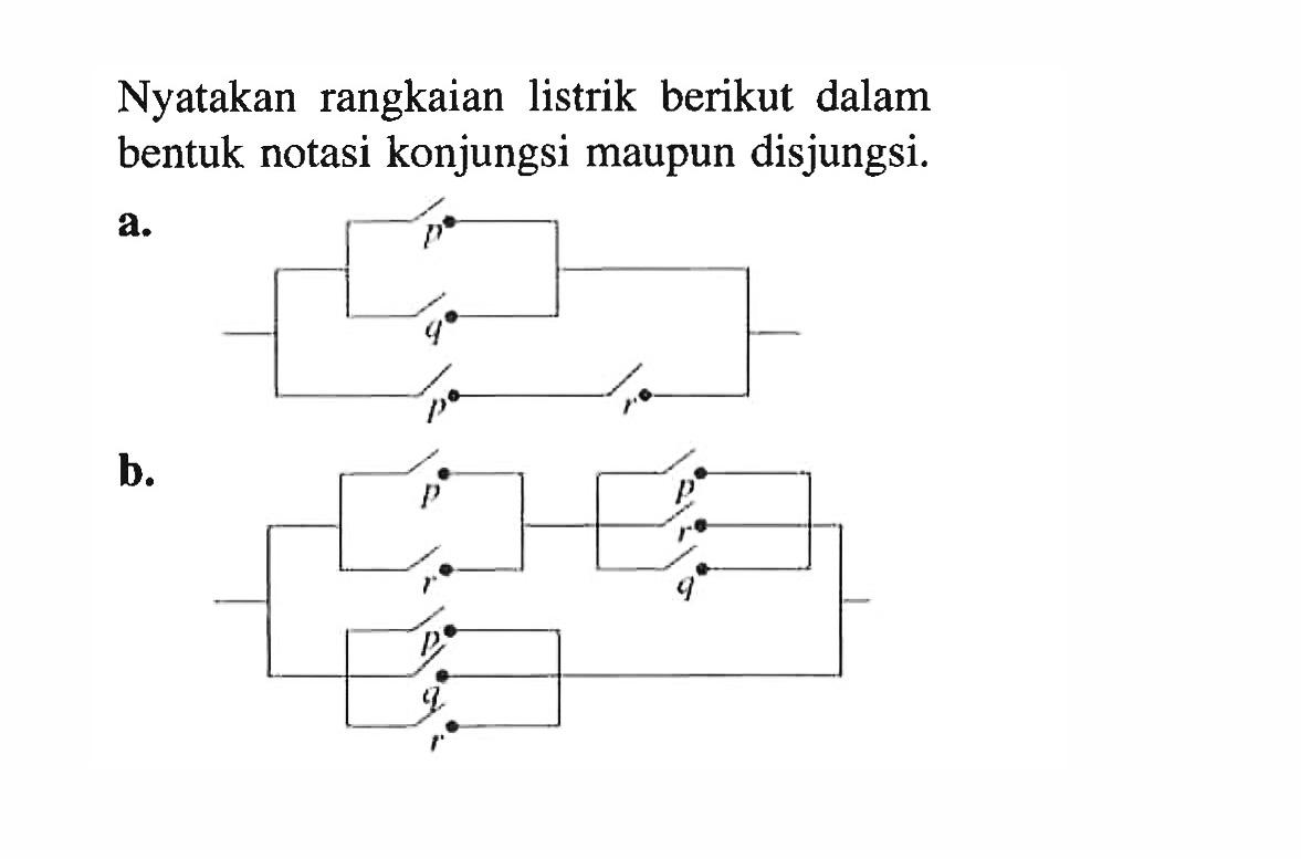 Nyatakan rangkaian listrik berikut dalam bentuk notasi konjungsi maupun disjungsi.a.b.