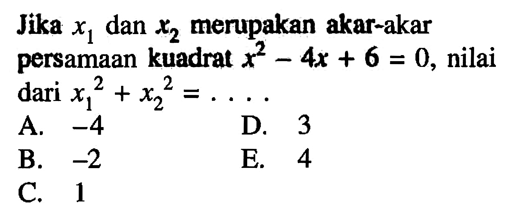 Jika x1 dan x2 merupakan akar-akar persamaan kuadrat x^2-4x+6=0, nilai dari x1^2 + x2^2= ....