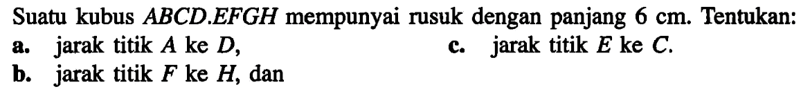 Suatu kubus ABCD.EFGH mempunyai rusuk dengan panjang 6 cm Tentukan: a. jarak titik A ke D, b. jarak titik F ke H, dan c. jarak titik E ke C.