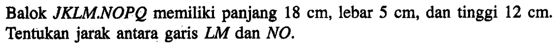 Balok JKLMNOPQ memiliki panjang 18 cm, lebar 5 cm, dan tinggi 12 cm Tentukan jarak antara garis LM dan NO.