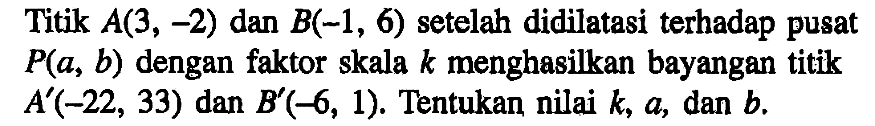 Titik A(3, -2) dan B(-1, 6) setelah didilatasi terhadap pusat P(a, b) dengan faktor skala k menghasilkan bayangan titik A'(-22, 33) dan B'(-6, 1). Tentukan nilai k, a, dan b.