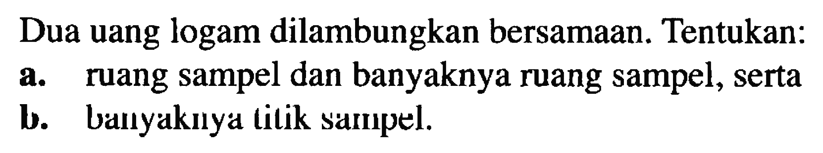 Dua uang logam dilambungkan bersamaan. Tentukan:
a. ruang sampel dan banyaknya ruang sampel, serta
b. banyaknya tilik sampel.