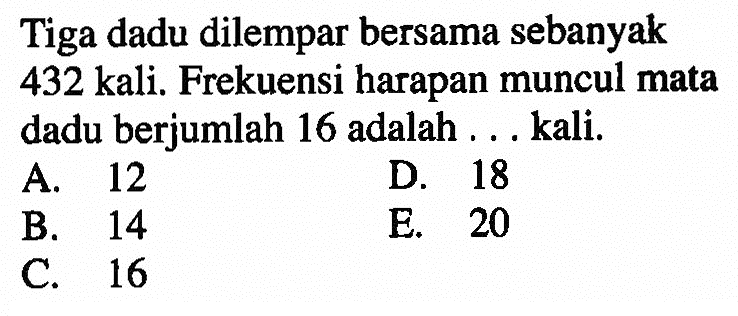 Tiga dadu dilempar bersama sebanyak 432 kali. Frekuensi harapan muncul mata dadu berjumlah 16 adalah . . . kali