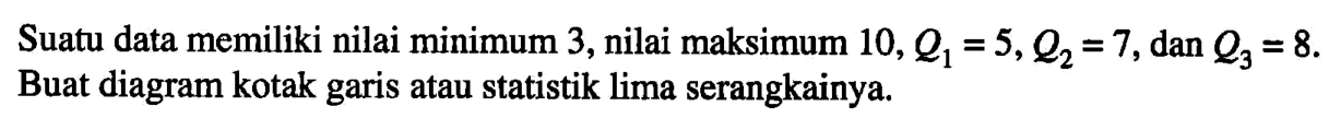 Suatu data memiliki nilai minimum 3, nilai maksimum 10, Q1=5, Q2=7, dan Q3=8. Buat diagram kotak garis atau statistik lima serangkainya.