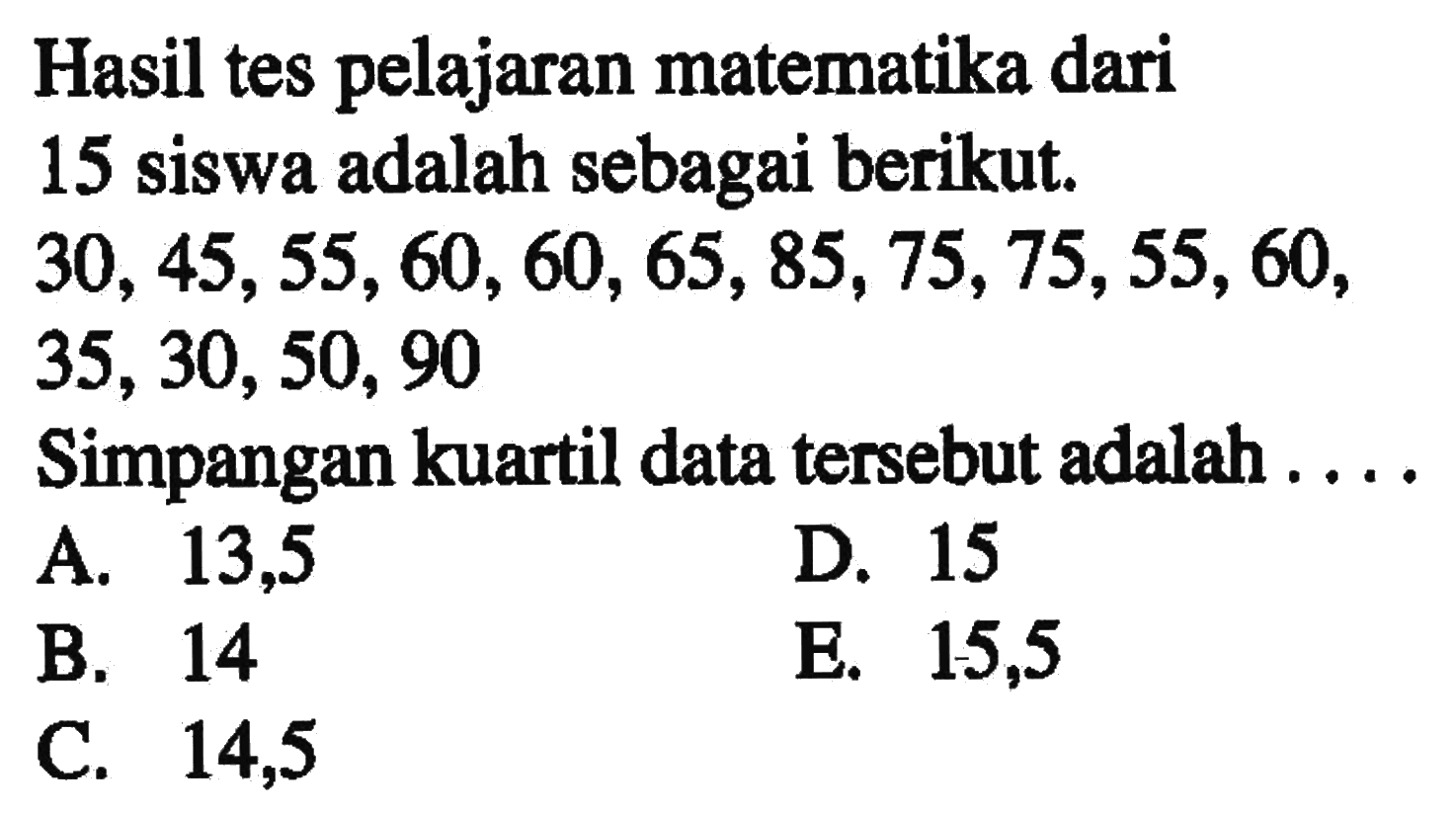 Hasil tes pelajaran matematika dari 15 siswa adalah sebagai berikut. 30, 45, 55, 60, 60, 65, 85, 75, 75, 55, 60, 35, 30, 50, 90 Simpangan kuartil data tersebut adalah....