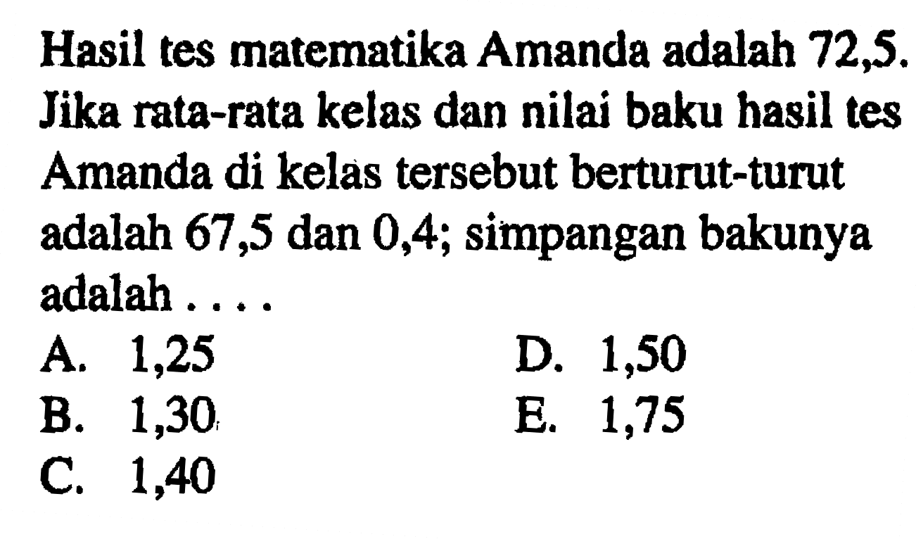 Hasil tes matematika Amanda adalah 72,5. Jika rata-rata kelas dan nilai baku hasil tes Amanda di kelas tersebut berturut-turut adalah 67,5 dan 0,4; simpangan bakunya adalah....