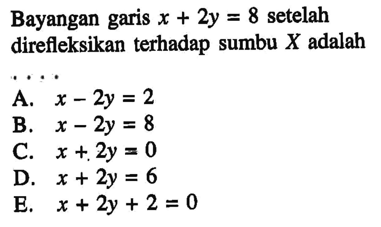 Bayangan garis x+2y=8 setelah direfleksikan terhadap sumbu X adalah ....