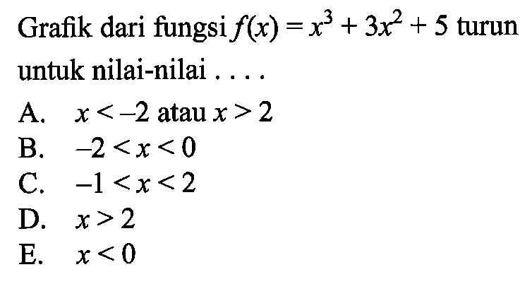 Grafik dari fungsi f(x)=x^3+3 x^2+5 turun untuk nilai-nilai ....