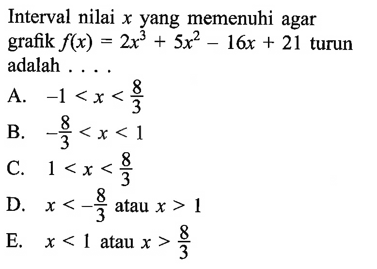 Interval nilai  x  yang memenuhi agar grafik  f(x)=2x^3+ x^2-16x+21 turun adalah ....