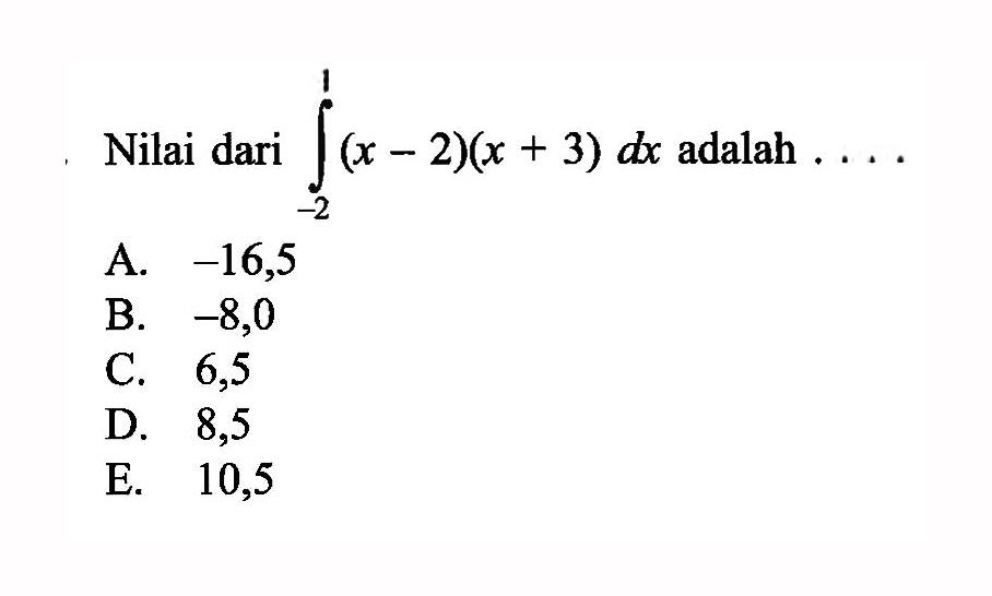 Nilai dari integral -2 1 (x-2)(x+3) dx adalah ....