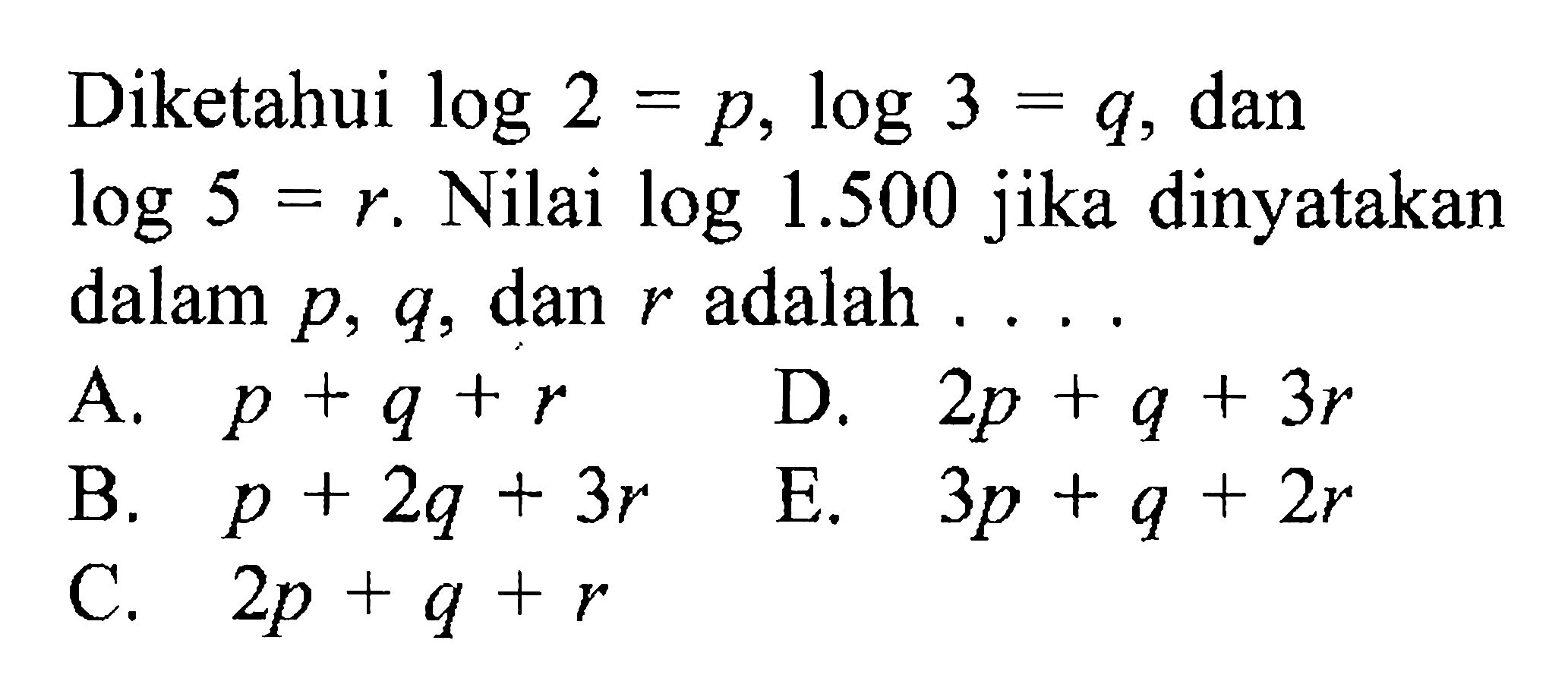 Diketahui log 2 = p, log 3 = q, dan log 5 = r. Nilai log 1.500 jika dinyatakan dalam p, q, dan r adalah....