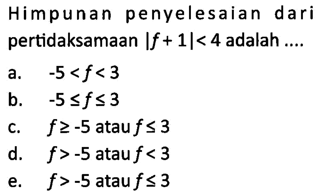 penyelesaian Himpunan dari pertidaksamaan |f+1|<4 adalah....