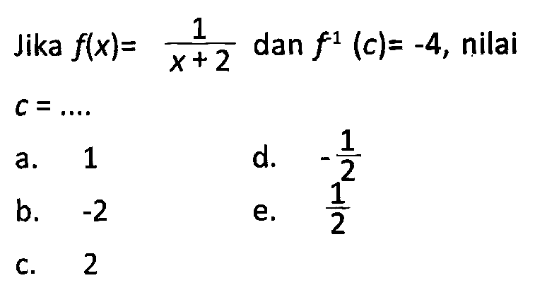 Jika f(x)=1/(x+2) dan f^(-1)(c)=-4, nilai c= ....