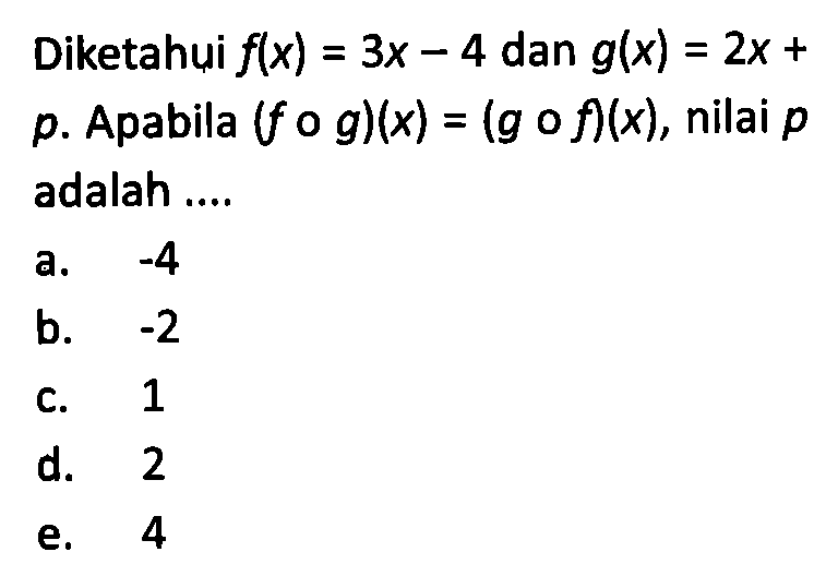 Diketahui f(x)=3x-4 dan g(x)=2x+ p. Apabila (f o g)(x)=(g o f)(x), nilai p adalah ....