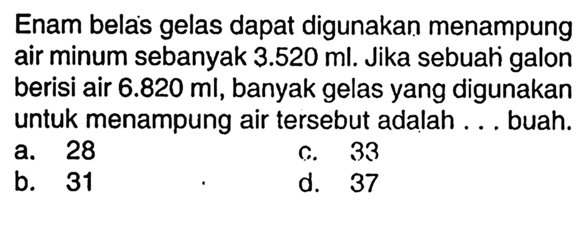 Enam belas gelas dapat digunakan menampung air minum sebanyak 3.520 ml. Jika sebuati galon berisi air 6.820 ml, banyak gelas yang digunakan untuk menampung air tersebut adalah ... buah.