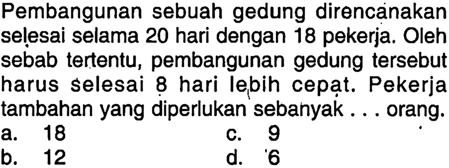 Pembangunan sebuah gedung direncanakan selesai selama 20 hari dengan 18 pekerja. Oleh sebab tertentu, pembangunan gedung tersebut harus selesai 8 hari lebih cepat. Pekerja tambahan yang diperlukan sebanyak . . . orang.
