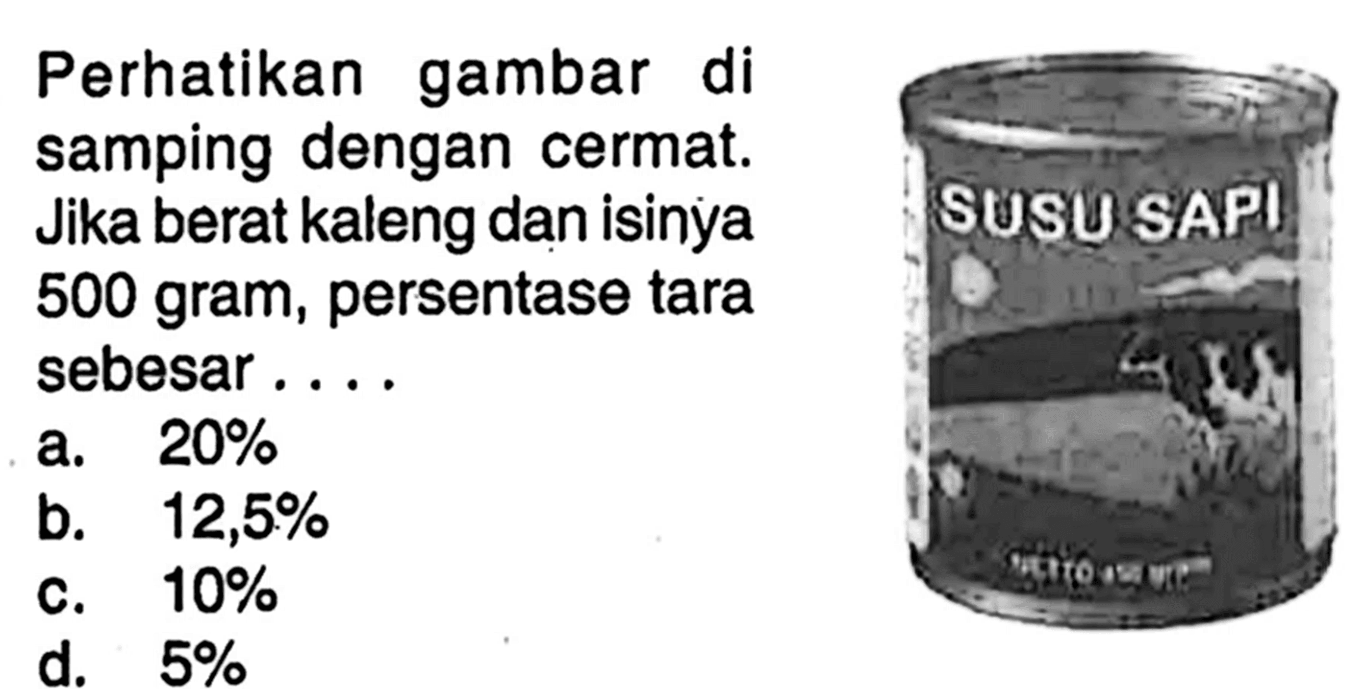 Perhatikan gambar di samping dengan cermat. Jika berat kaleng dan isinya 500 gram, persentase tara sebesar ...