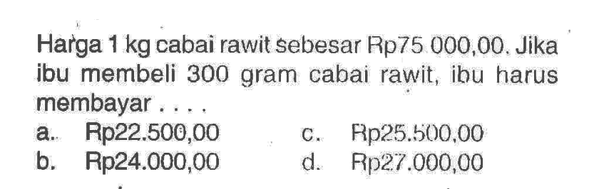 Harga  1 kg  cabai rawit sebesar Rp75.000,00 , Jika ibu membeli 300 gram cabai rawit, ibu harus membayar. ...