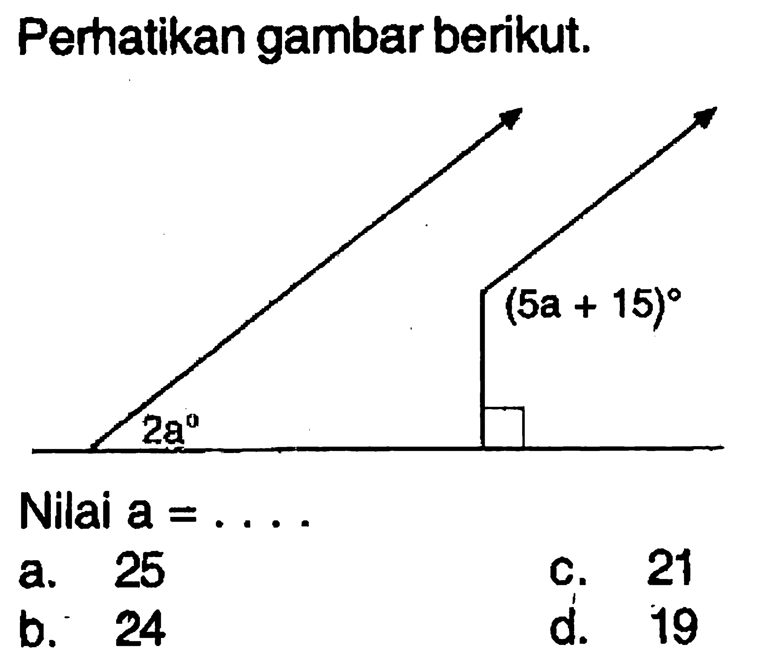 Perhatikan gambar berikut. 2a (5a+15) Nilai a=.... a. 25 b. 24 c. 21 d. 19