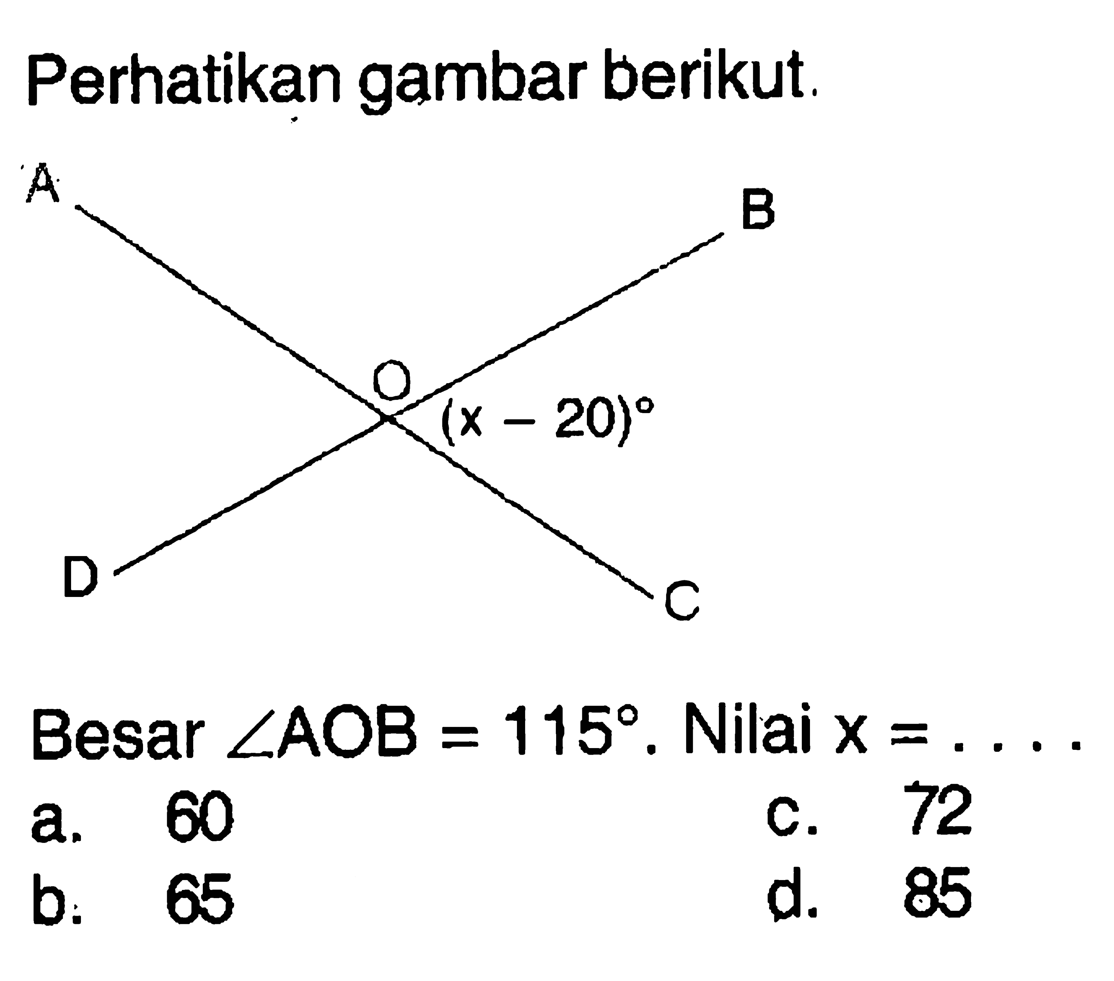 Perhatikan gambar berikut.Besar sudut AOB=115. Nilai x= .... A B C D O (x-20)