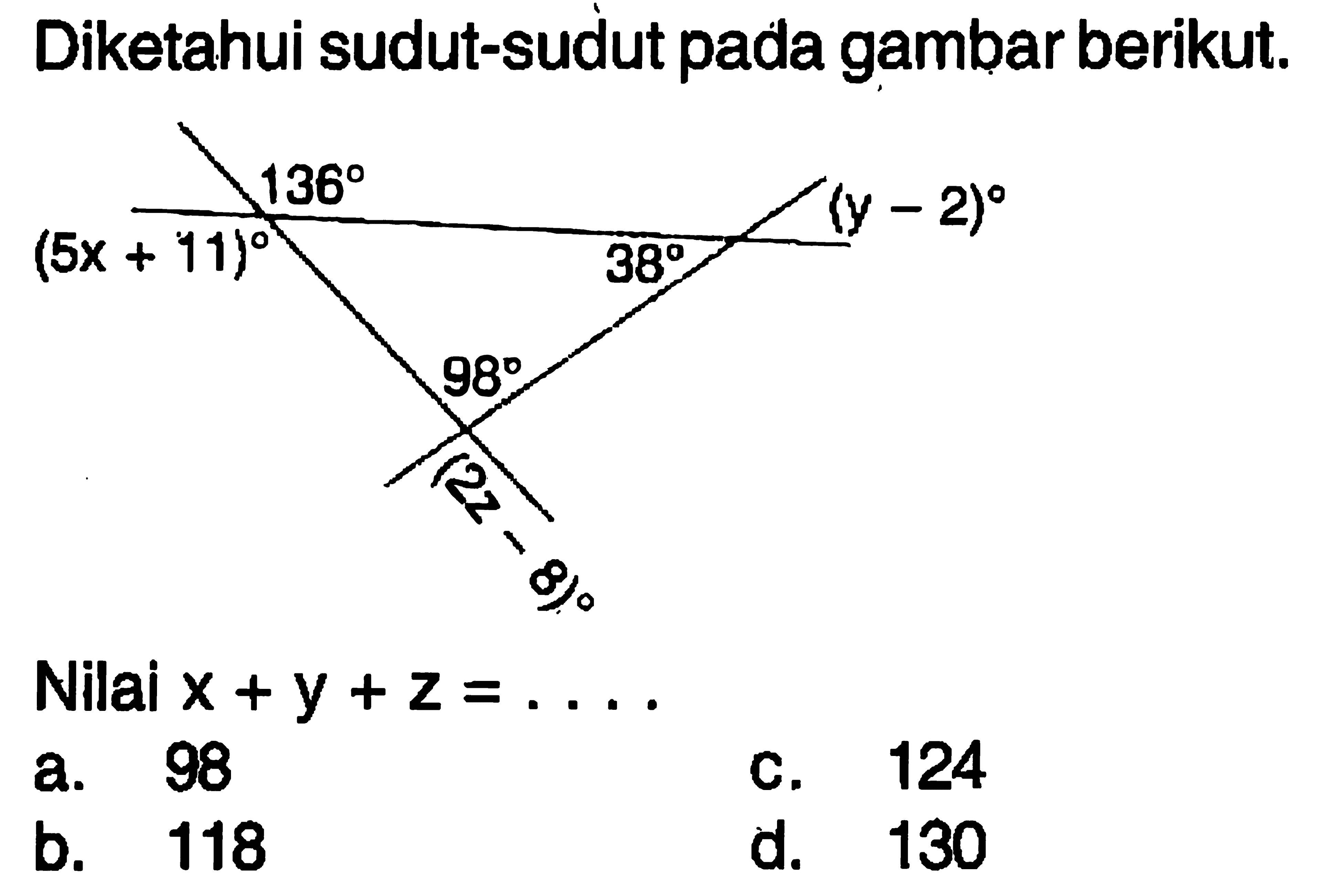 Diketahui sudut-sudut pada gambar berikut. 136 38 98 y-2 2z-8 5x+11Nilai x+y+z=... 